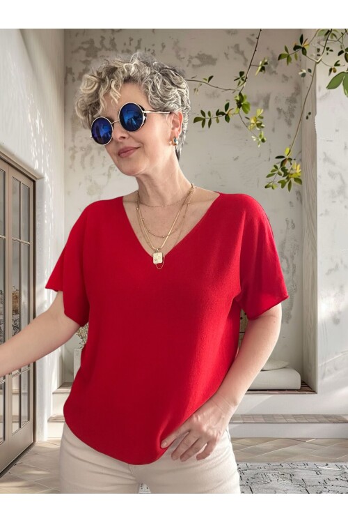 Sacci İtalyan Esintisi V Yaka Mevsimsiz Triko Bluz Kırmızı