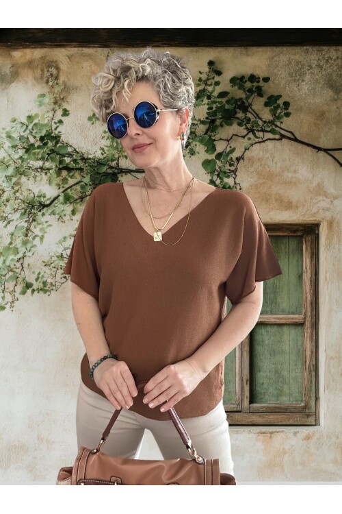 Sacci İtalyan Esintisi V Yaka Mevsimsiz Triko Bluz Tarçın