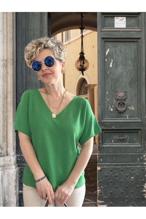 Sacci İtalyan Esintisi V Yaka Mevsimsiz Triko Bluz Yeşil