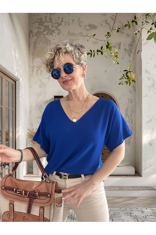 Sacci İtalyan Esintisi V Yaka Mevsimsiz Triko Saks Mavi
