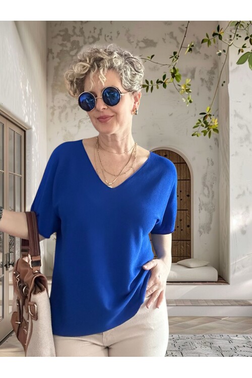 Sacci İtalyan Esintisi V Yaka Mevsimsiz Triko Saks Mavi