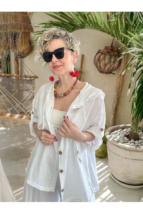 Selva Kapüşonlu Süs Cep Detaylı Tasarım Ceket Beyaz