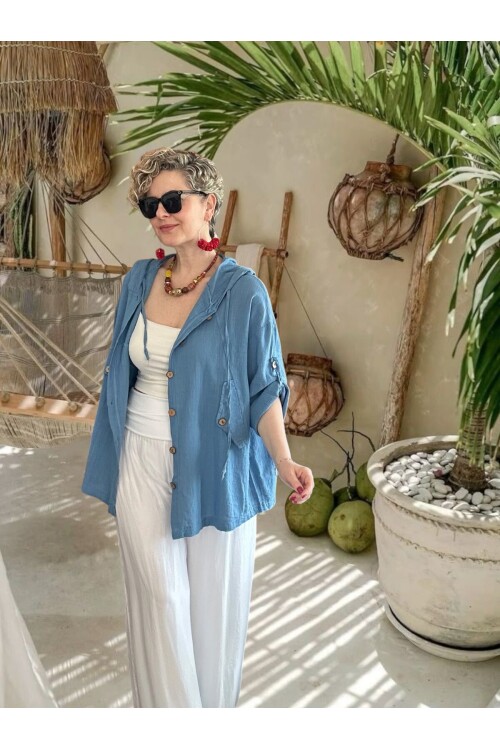 Selva Kapüşonlu Süs Cep Detaylı Tasarım Ceket İndigo