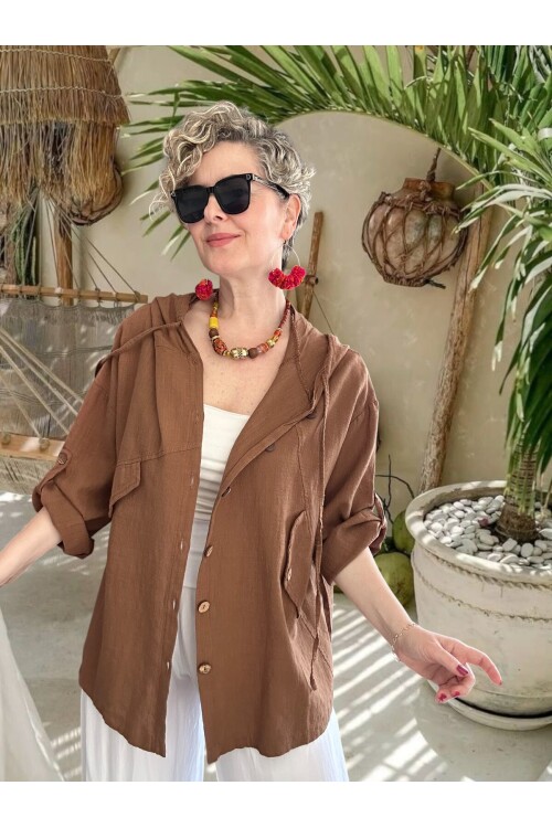 Selva Kapüşonlu Süs Cep Detaylı Tasarım Ceket Kahve