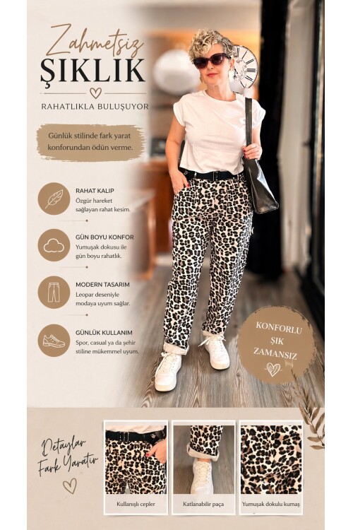 Senly İtalyan Leopar Kemerli Pantolon Bej