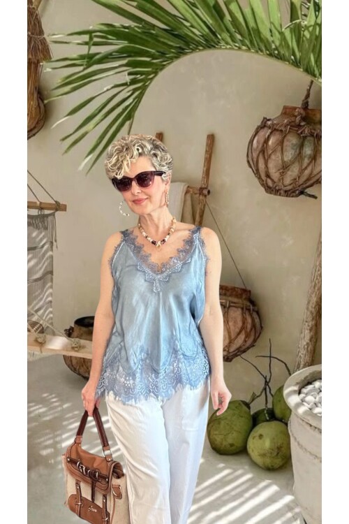 Senza Dantel Detaylı Premium Saten V Yaka Bluz İndigo