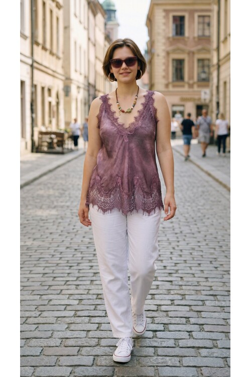 Senza Dantel Detaylı Premium Saten V Yaka Bluz Mürdüm