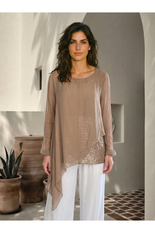 Sette Asimetrik Kesim Payetli İpek Kollu Premium Bluz Camel