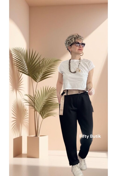 Solle İtalyan Modal Kemerli Havuç Pantolon Siyah