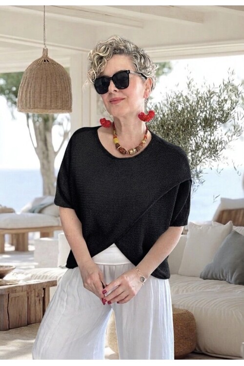 Sopra Çapraz Kesim Salaş Merserize Bluz Siyah