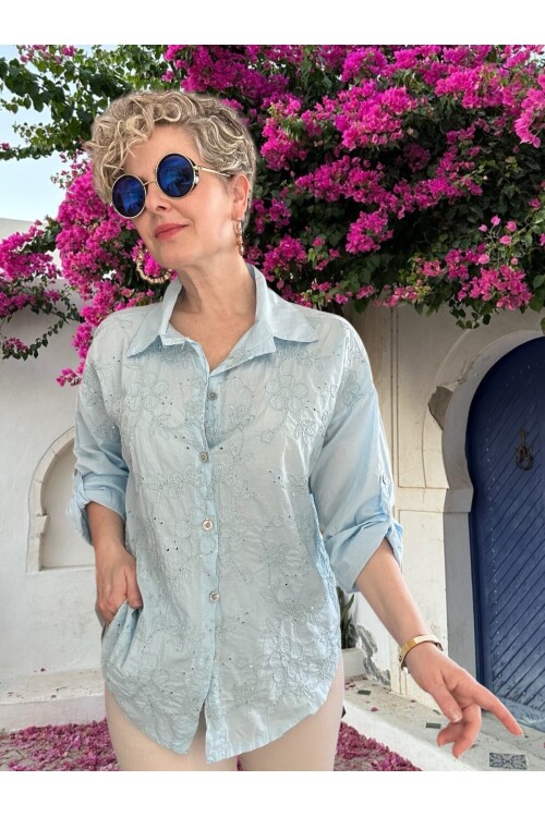 Taffi İtalyan Fisto Pul Detay Gömlek Bebe Mavi