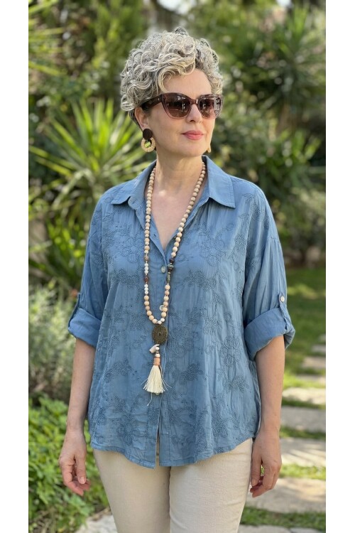 Taffi İtalyan Fisto Pul Detay Gömlek İndigo Mavi