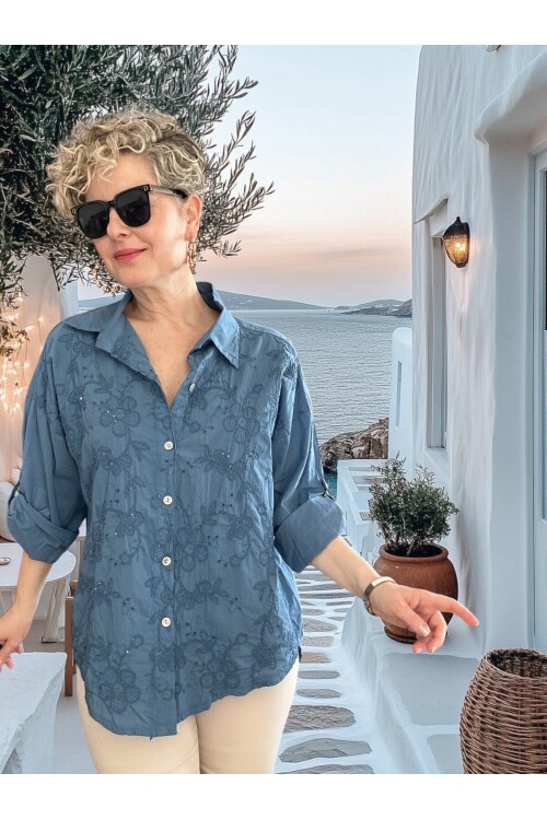 Taffi İtalyan Fisto Pul Detay Gömlek İndigo Mavi