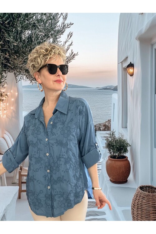 Taffi İtalyan Fisto Pul Detay Gömlek İndigo Mavi