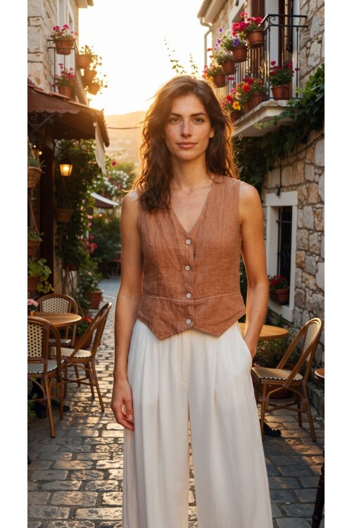 Terra %100 Linen Tasarım Düğmeli Yelek Camel