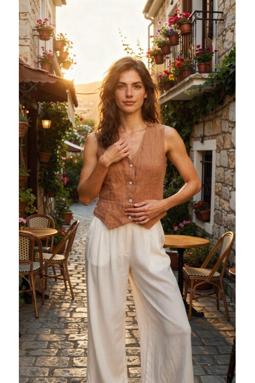 Terra %100 Linen Tasarım Düğmeli Yelek Camel