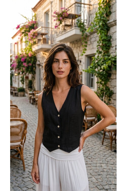 Terra %100 Linen Tasarım Düğmeli Yelek Siyah