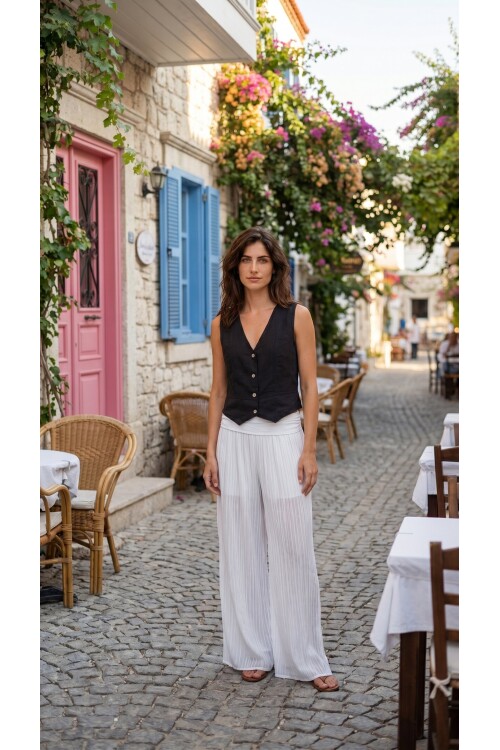 Terra %100 Linen Tasarım Düğmeli Yelek Siyah