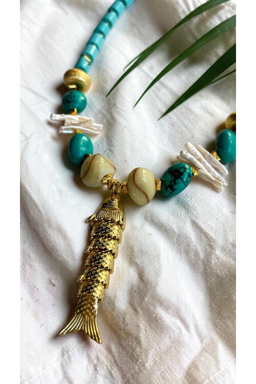 Turkuaz balık İnci Doğal Taş Kolye