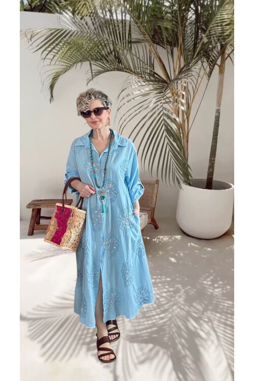 Vello İtalyan Pul Detaylı Gömlek  Elbise Kap Bebe Mavi