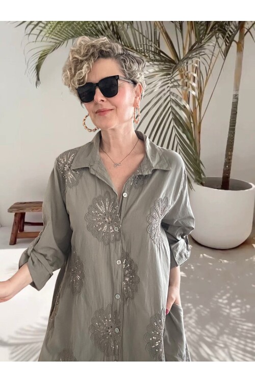 Vello İtalyan Pul Detaylı Gömlek  Elbise Kap Fango