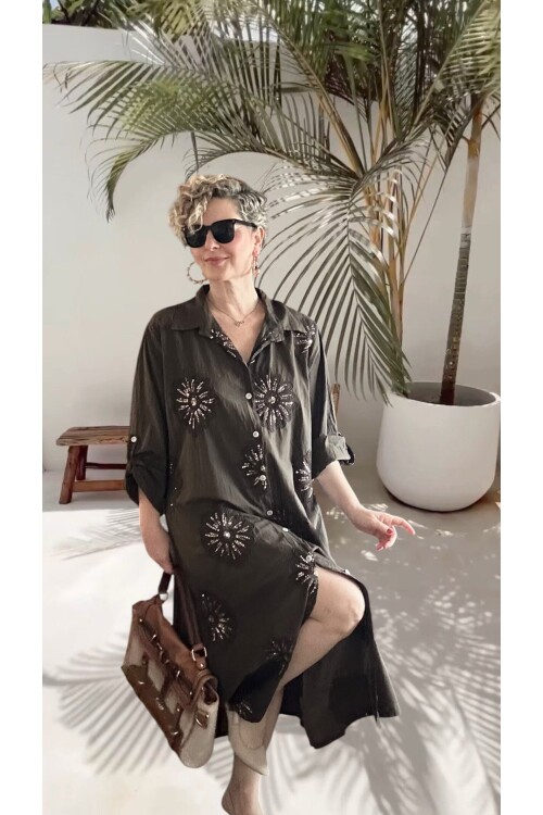 Vello İtalyan Pul Detaylı Gömlek  Elbise Kap Kahve