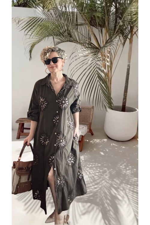 Vello İtalyan Pul Detaylı Gömlek  Elbise Kap Kahve