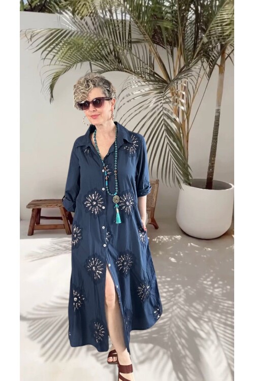 Vello İtalyan Pul Detaylı Gömlek  Elbise Kap Lacivert