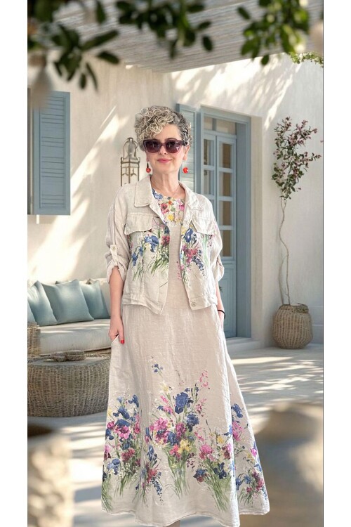 Venno | İthal %100 Linen Ceket & Kolsuz Elbise Takımı Bej