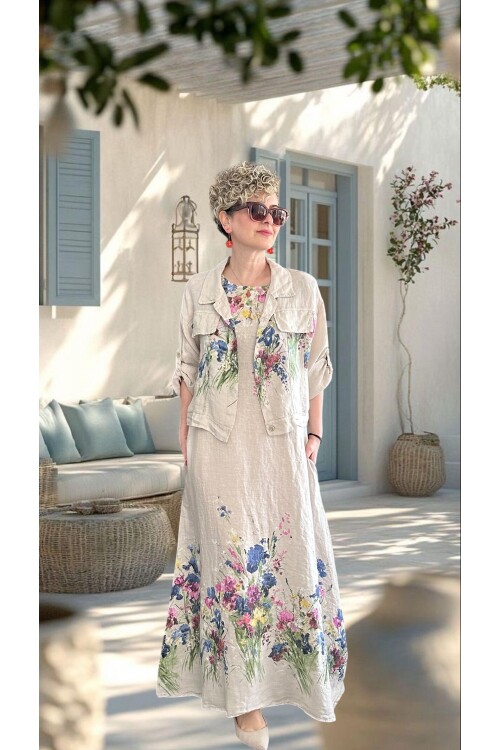 Venno | İthal %100 Linen Ceket & Kolsuz Elbise Takımı Bej