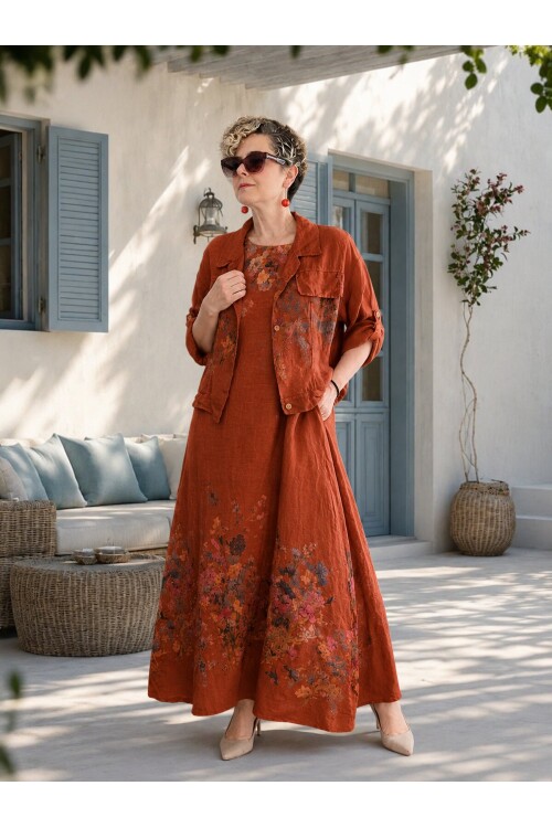 Venno | İthal %100 Linen Ceket & Kolsuz Elbise Takımı Tarçın