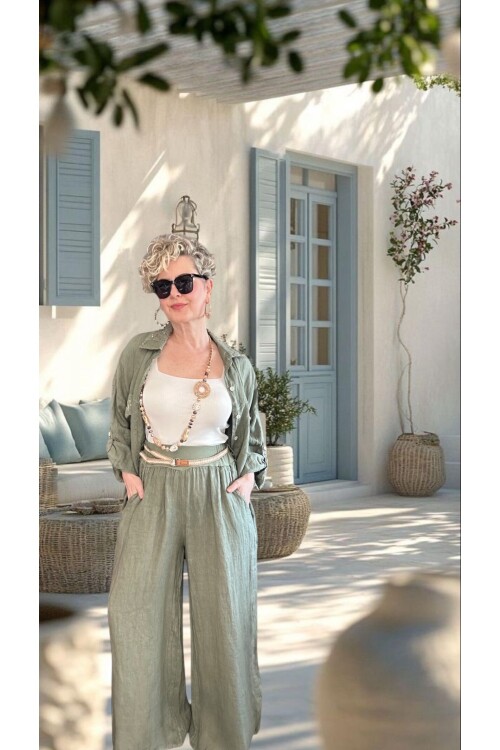 Verda İtalyan File Detaylı Payet İşlemeli Keten Takım Haki