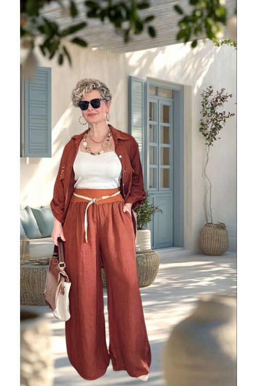 Verda İtalyan File Detaylı Payet İşlemeli Keten Takım Kiremit