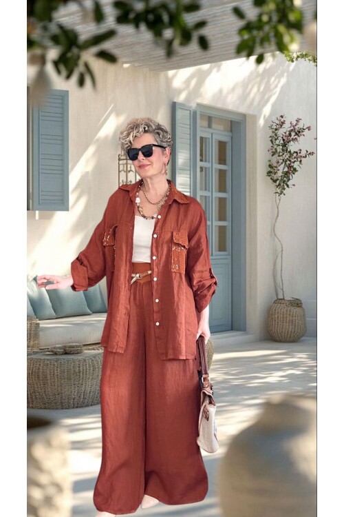 Verda İtalyan File Detaylı Payet İşlemeli Keten Takım Kiremit