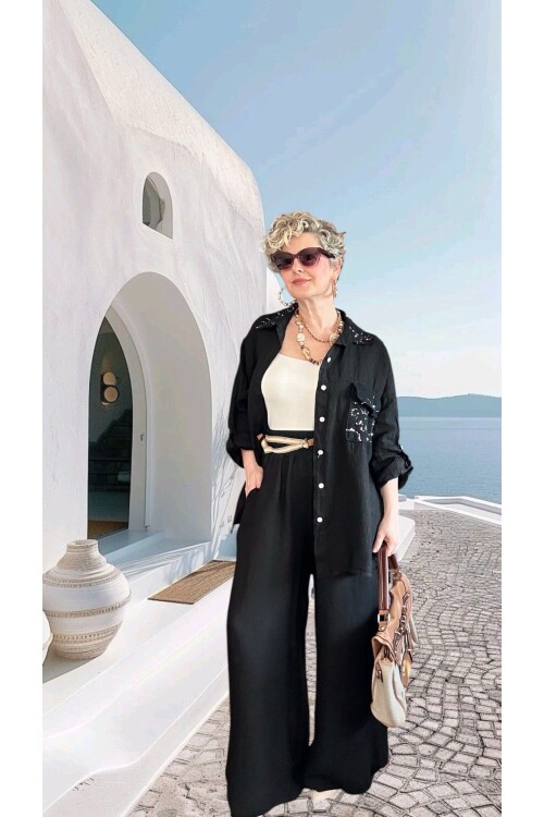 Verda İtalyan File Detaylı Payet İşlemeli Keten Takım Siyah