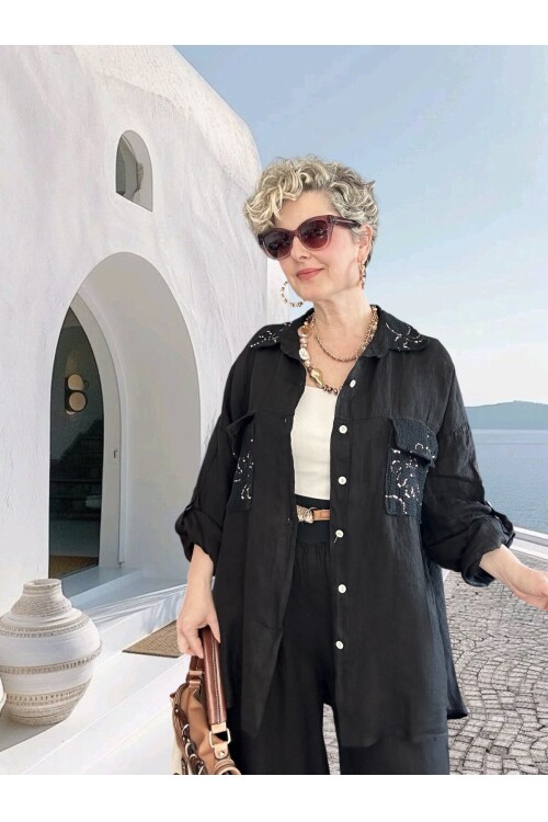 Verda İtalyan File Detaylı Payet İşlemeli Keten Takım Siyah