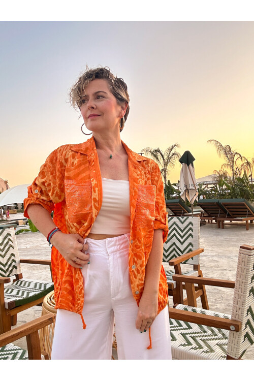 Vespa Cep Pul Detaylı Desenli Tasarım Gömlek Arancio