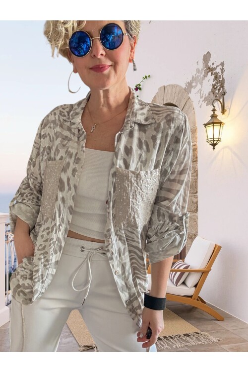 Vespa Cep Pul Detaylı Desenli Tasarım Gömlek Beige