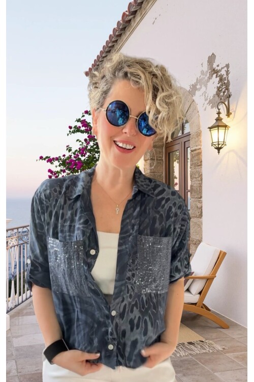 Vespa Cep Pul Detaylı Desenli Tasarım Gömlek Blue Scuro