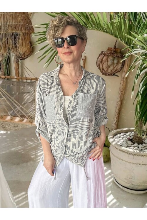 Vespa Cep Pul Detaylı Desenli Tasarım Gömlek Grigio Chiaro