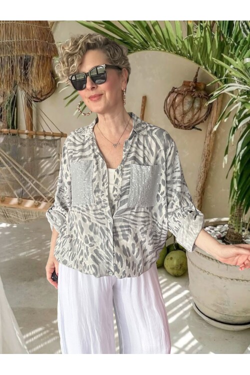 Vespa Cep Pul Detaylı Desenli Tasarım Gömlek Grigio Chiaro