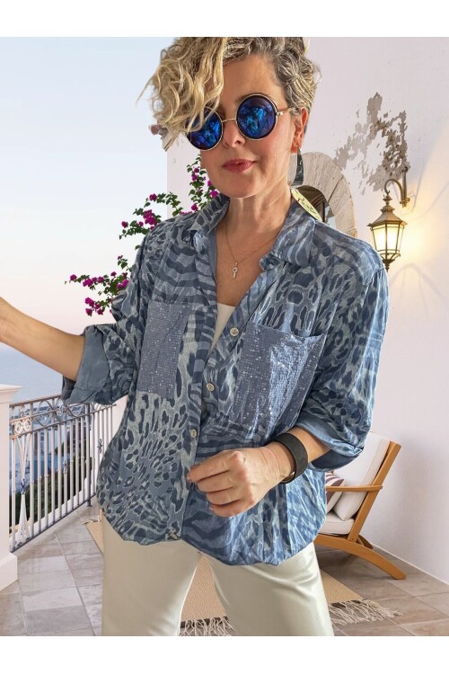 Vespa Cep Pul Detaylı Desenli Tasarım Gömlek Jeans Mavi