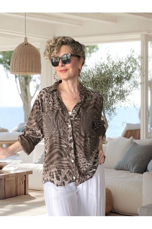 Vespa Cep Pul Detaylı Desenli Tasarım Gömlek Marrone