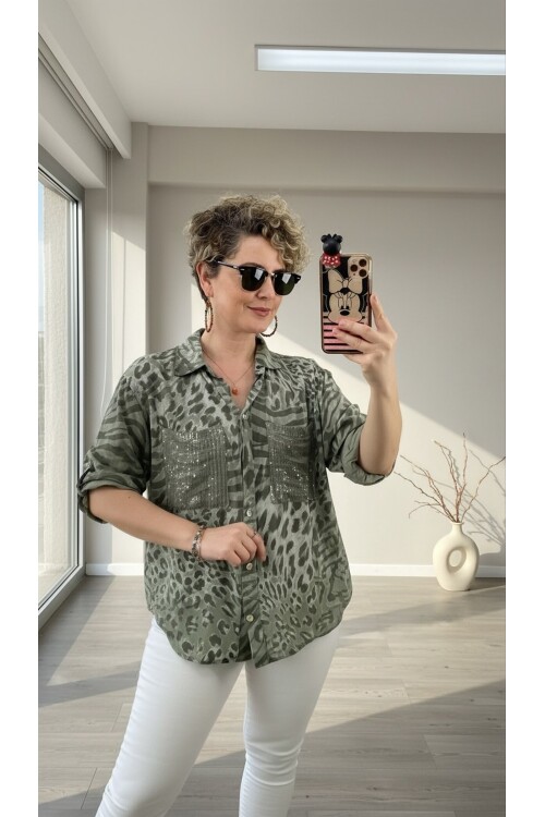 Vespa Cep Pul Detaylı Desenli Tasarım Gömlek Military