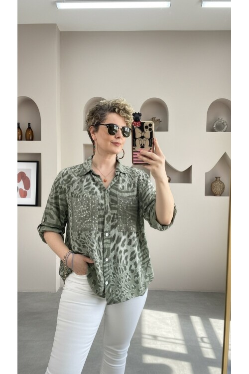 Vespa Cep Pul Detaylı Desenli Tasarım Gömlek Military