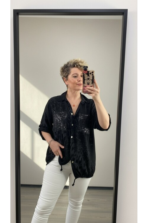 Vespa Cep Pul Detaylı Desenli Tasarım Gömlek Nero