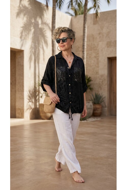 Vespa Cep Pul Detaylı Desenli Tasarım Gömlek Nero