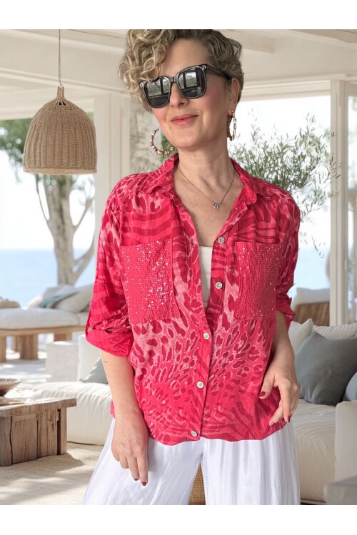 Vespa Cep Pul Detaylı Desenli Tasarım Gömlek Rosso