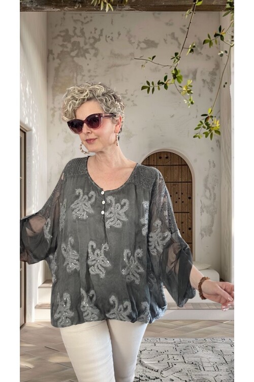 Vessa İtalyan Seri Nakışlı Premium İpek Bluz Antrasit