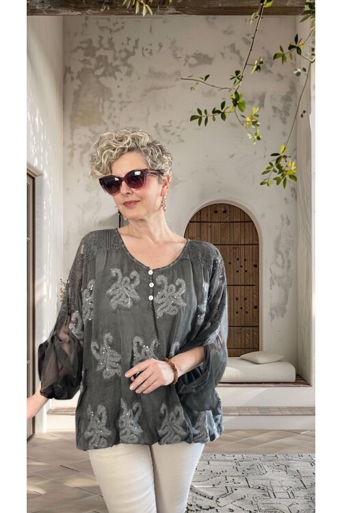 Vessa İtalyan Seri Nakışlı Premium İpek Bluz Antrasit